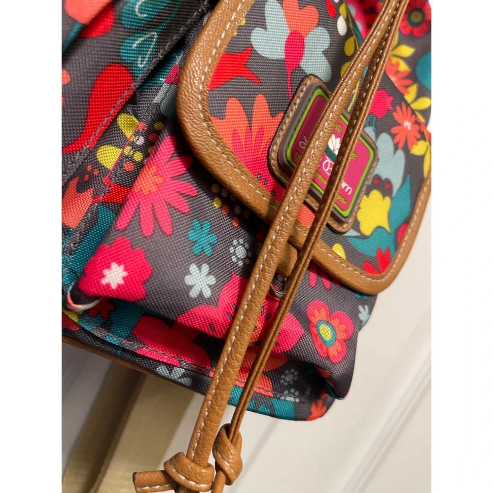 Lily Bloom Floral Cat Print Backpack Multi Color Recycled Fabric Drawstring Bag